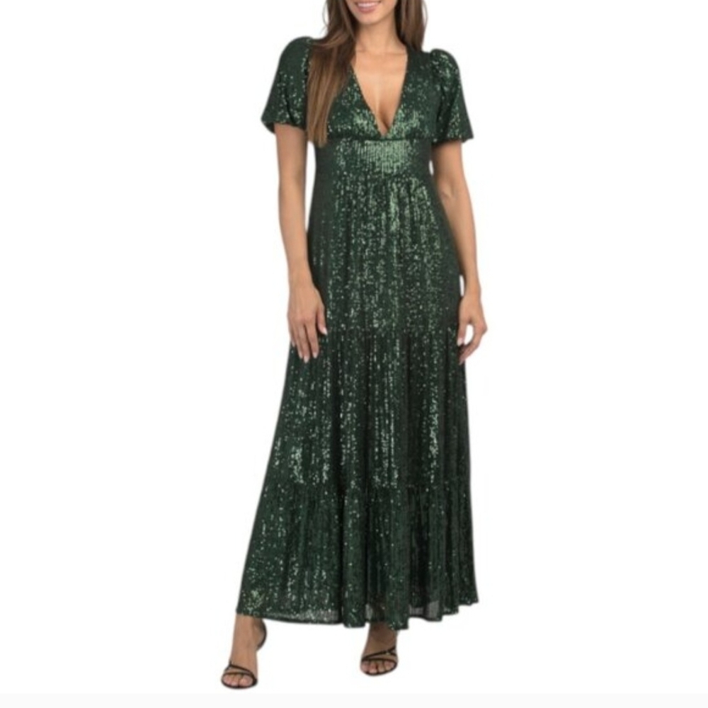 Sail to Sable Emerald Sequin V‑Neck Maxi Dress